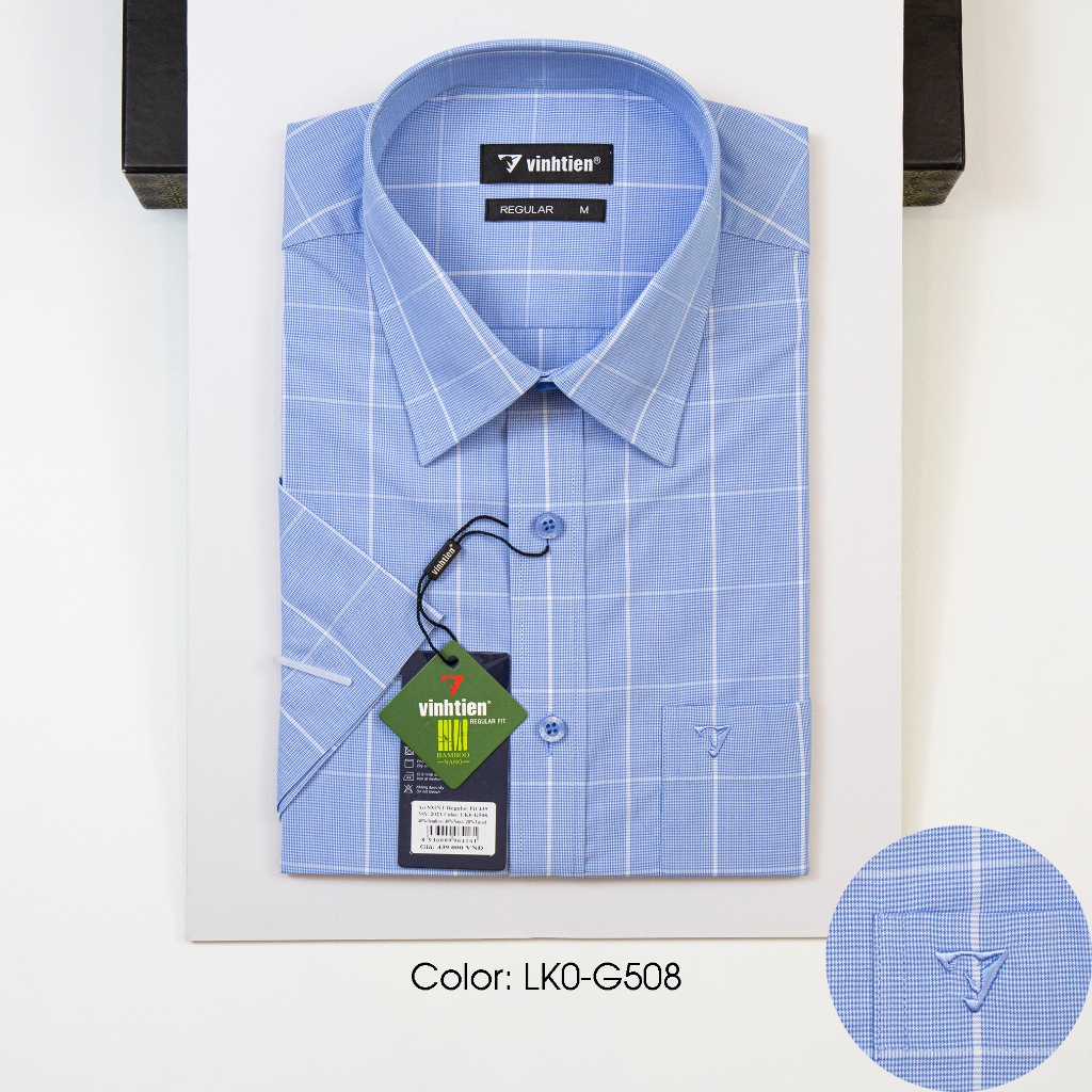 Áo Sơ Mi Vĩnh Tiến Ngắn Tay Regular Vạt Ngang Vải Kẻ Bamboo 439 - Mẫu 1