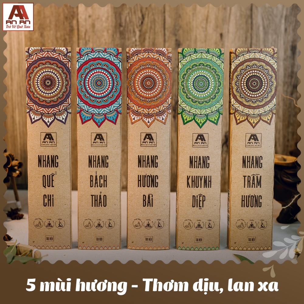 Nhang thơm sạch tinh khiết An An - 100 nén Hương quế, khuynh diệp, trầm hương, Bài, bách thảo 30cm, 40cm đuổi muỗi