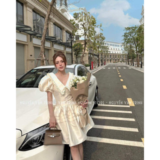 Đầm dự tiệc nữ cổ sen chiết eo dáng xoè phồng màu hồng