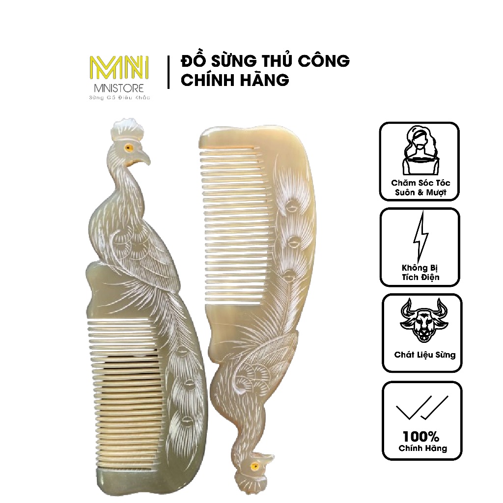 Lược Sừng Trâu Dáng Con Công, Kích Thước 20cm màu Trắng lưa dụng cụ chăm sóc tóc và massage da đầu