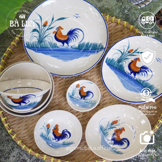 Dĩa gốm vẽ con gà trống size 25-30cm, hàng cao cấp, không chân đinh, gốm thủ công Lái Thiêu, gốm xưa