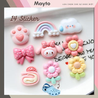 Bộ 14 Sticker, Charm 3D chủ đề Sanrio Bunny DIY nhựa cứng gắn Dép Cross, Dép Sục, Cá Sấu MayTo