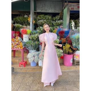 Áo dài cách tân tafta Hồng Đào kết hoa nhẹ nhàng, tay cách điệu thiết kế thương hiệu thời trang Vinna