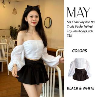 Set Chân Váy Xòe Nơ Trước Và Áo Trễ Vai Tay Rời Phong Cách Y2K