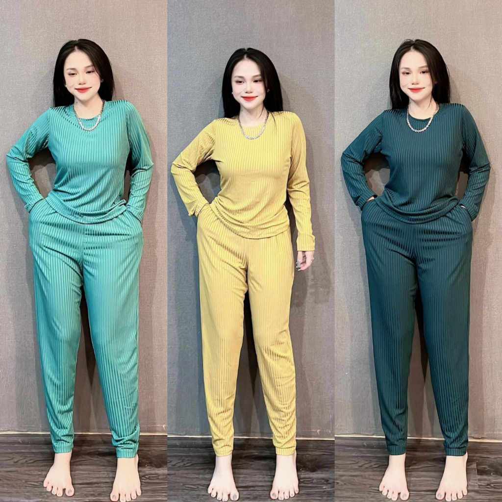 Đồ bộ nữ, set bộ quần legging cạp cao có túi kèm áo dài tay vải thun gân xương dày mát, bộ đồ mặc ở nhà nữ, ủ kem