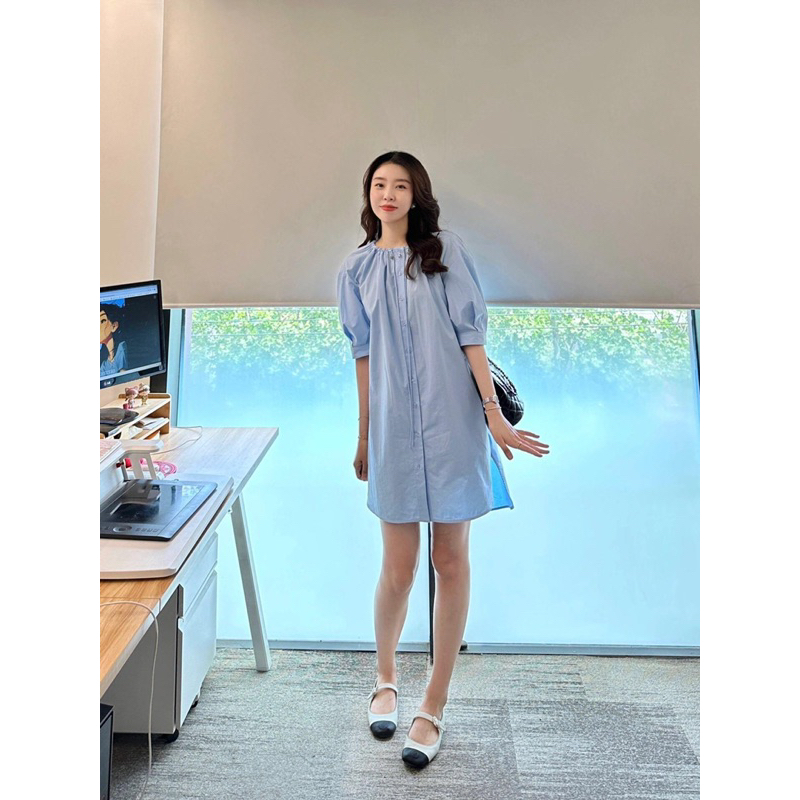 Đầm công sở Tiehouse form rộng, váy công sở có tay màu xanh biển
