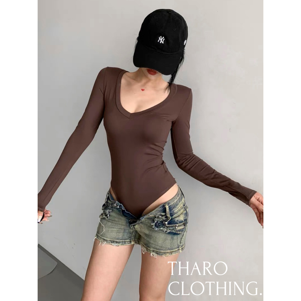 Bodysuit Cổ Tim Tay Dài Nhún Eo - Tharo Clothing AO00169