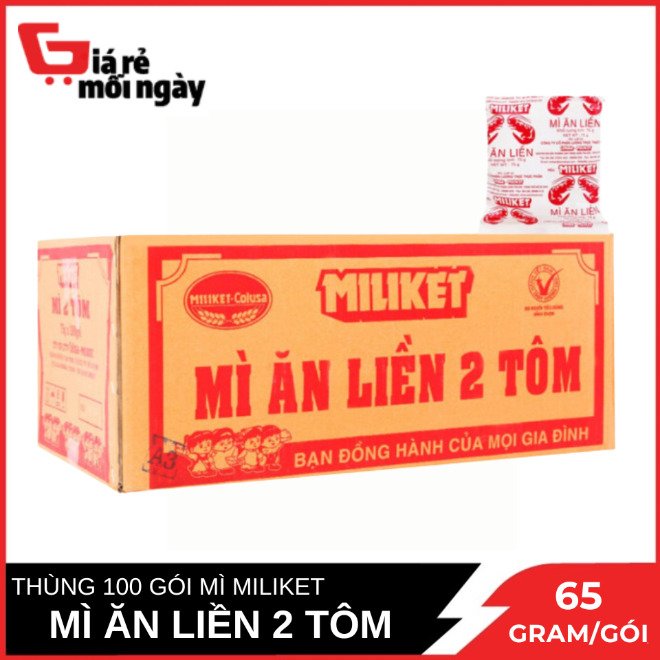 Mì Ăn Liền 2 Tôm Miliket 65g x 100 Gói