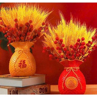 Bình hoa túi tiền cắm lúa vàng, đào đông, trang trí cửa hàng, phòng khách, bàn thờ