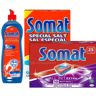 Combo viên rửa chén bát Somat all in 1 hộp 25 viên + muối rửa ly somat 1,2g + nước làm bóng somat 750ml