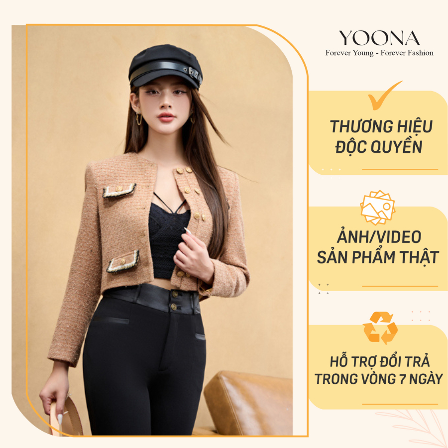 Áo khoác dạ kim sa nâu dáng ngắn họa tiết giả túi YOONA - YD19S134