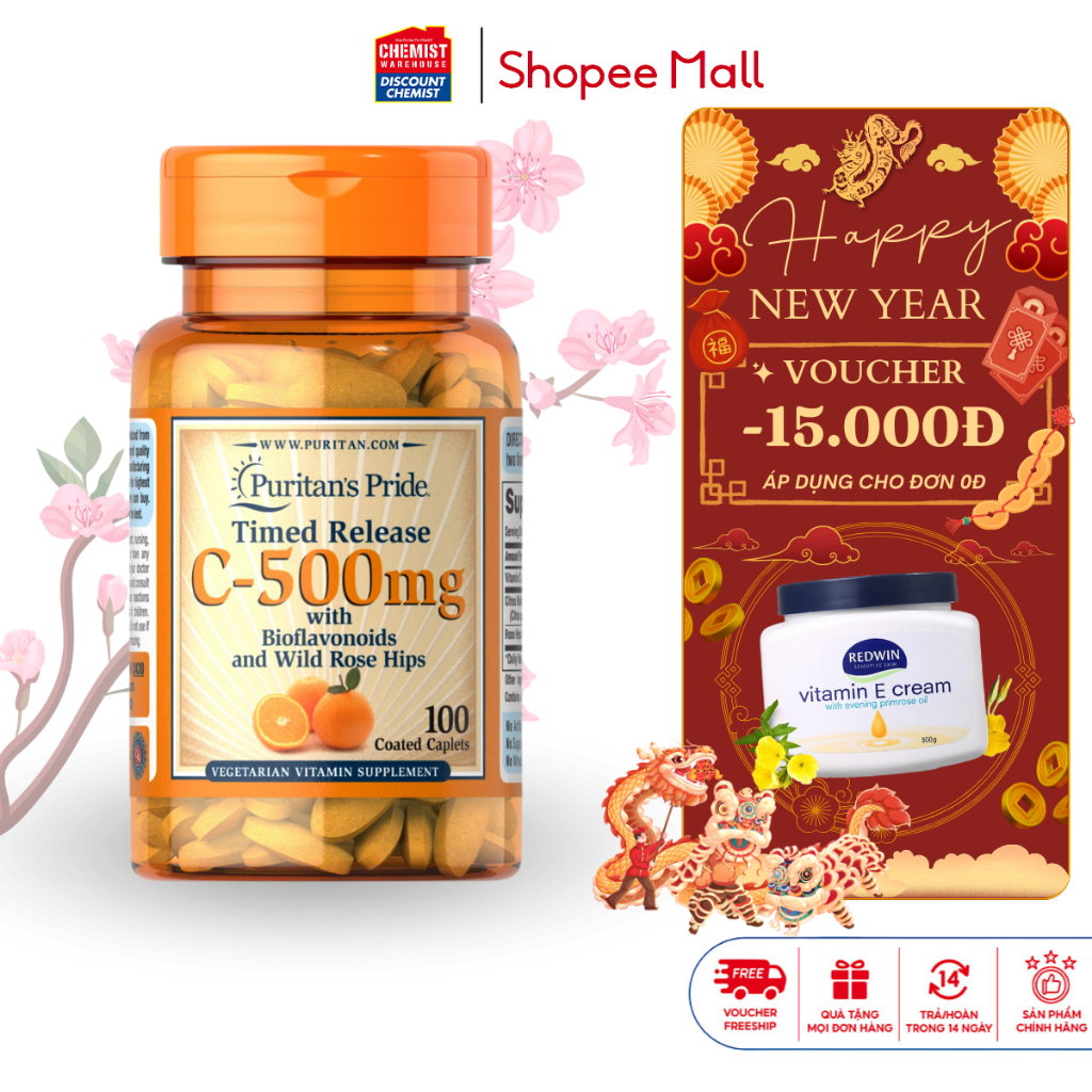Bổ sung vitamin C Puritan's Pride Vitamin C 500mg with Bioflavonoids & Rose Hips 100 viên tăng cường sức khỏe
