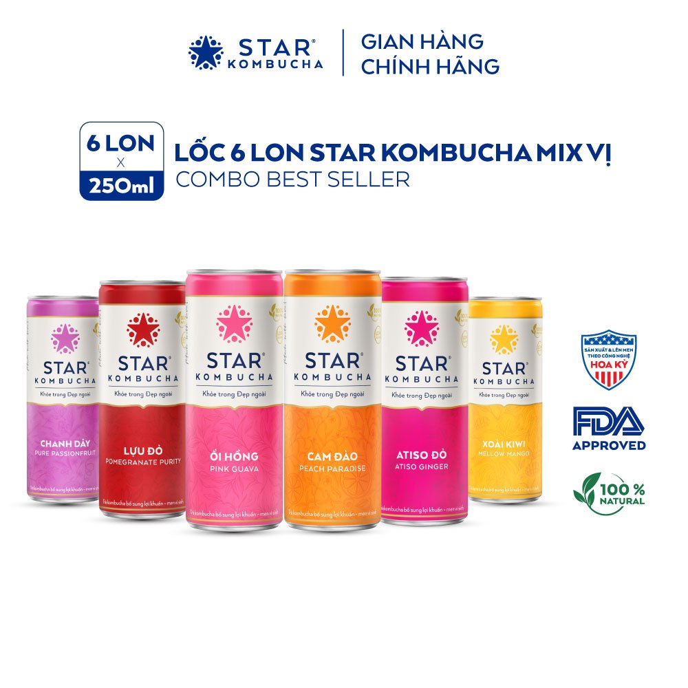 [GRO GIFT] Combo lốc 6 lon STAR KOMBUCHA mix vị (250ml/lon)