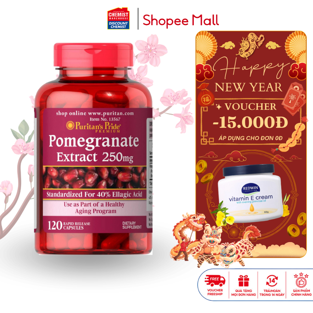 Làm trắng da, loại bỏ tàn nhang Puritan's Pride Pomegranate Extract 250mg 60 100 viên