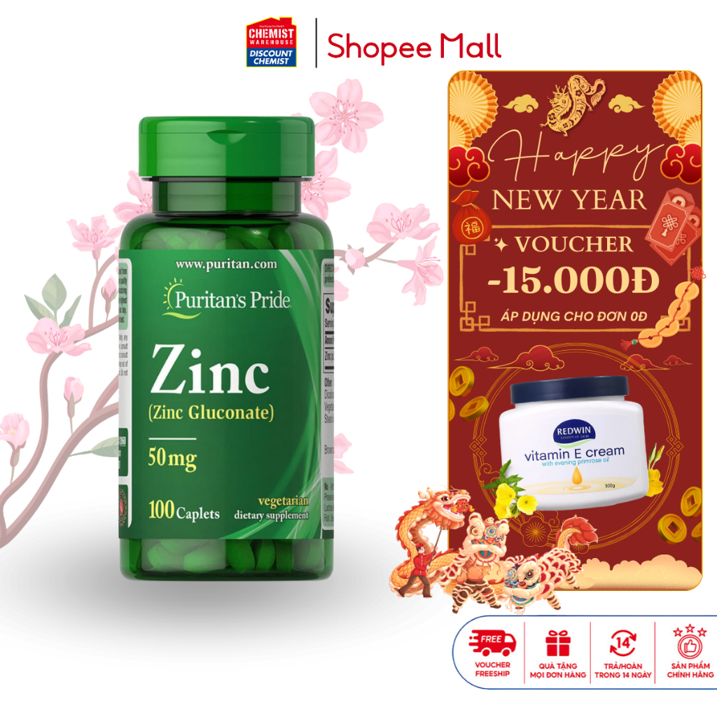 Hỗ trợ giảm mụn nội tiết, tăng đề kháng Puritan's Pride Zinc Gluconate 50mg 250 viên của Mỹ