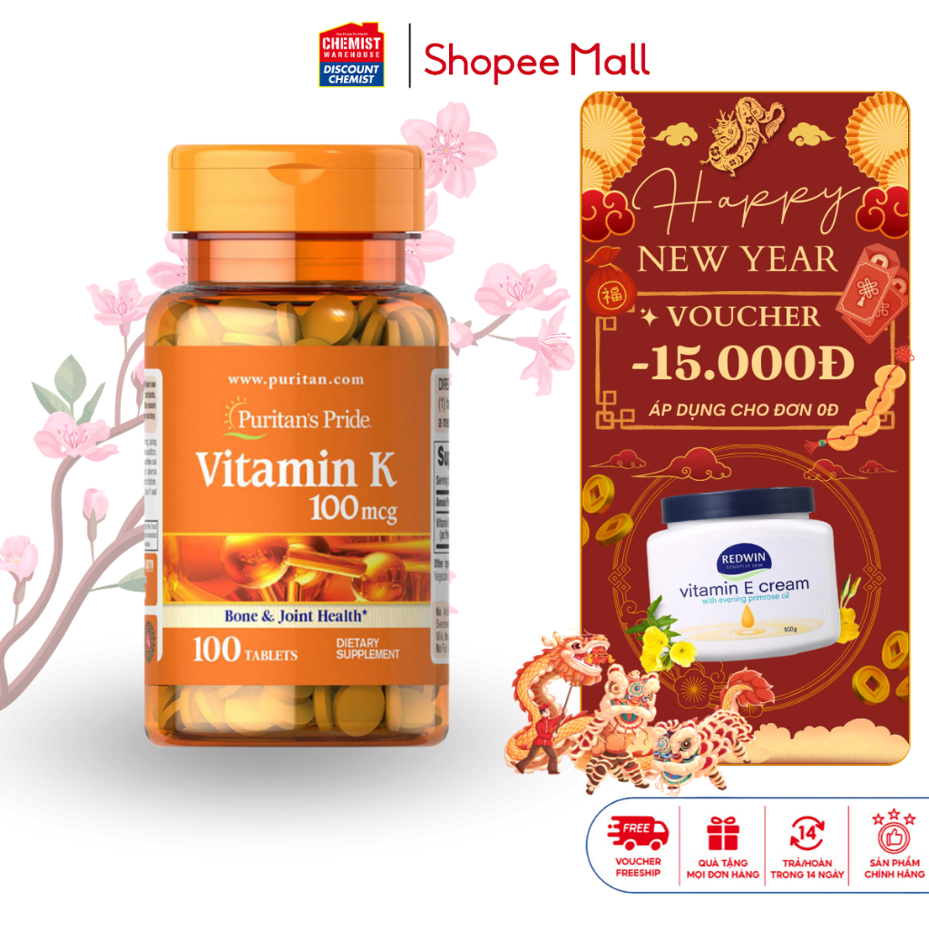 Làm đẹp da hỗ trợ đông máu Puritan's Pride Vitamin K 100mcg 100 viên