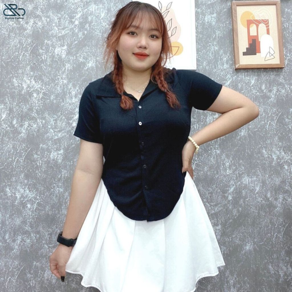 Áo Thun Tay Ngắn Croptop Bigsize Cô Nhỏ Cổ Bẻ Lai Bầu Nút Kiểu Chất Gân Tăm Co Giãn Phom Rộng G33