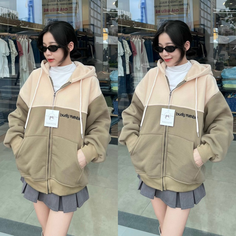 Áo Khoác Nỉ Hoodie Phối Màu Form Rộng Couple Xinh Xắn