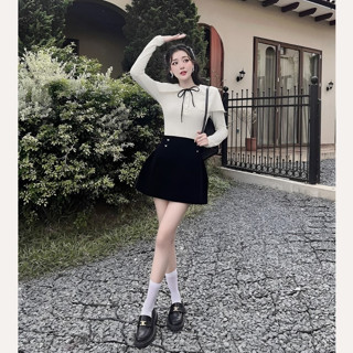 Set Đồ Nữ Áo Len Tăm Phối Cúc Ngọc Thiết Kế Layer Phủ Vai Kèm Nơ Mix Chân Váy Nhung A Dáng Ngắn Có Lót Tiểu Thư Siêu Hot