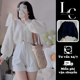 Áo khoác cardigan trơn cổ V 2 cúc phong cách Hàn Quốc, Cardigan nữ dài tay dáng croptop chất len dệt không xù lông