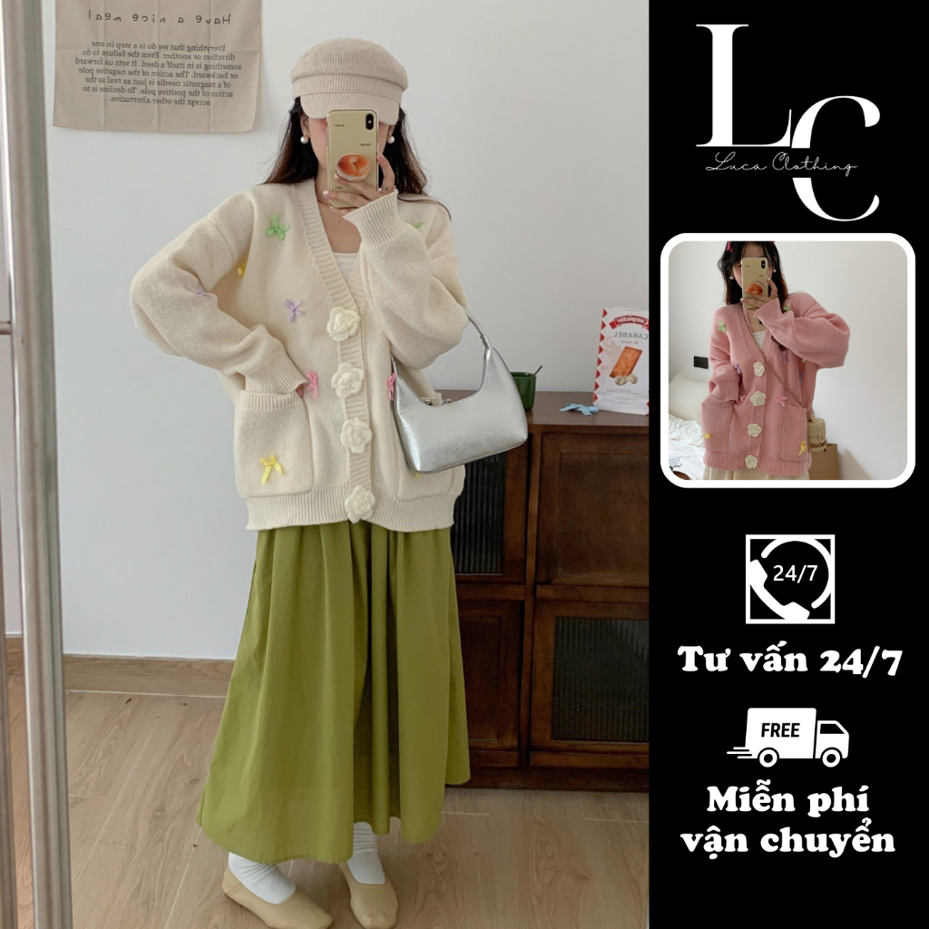 Áo khoác cardigan nữ đính nơ thiết kế cúc cài hoa cá tính, Áo khoác len nữ dài tay chất len dệt dày dặn không xù