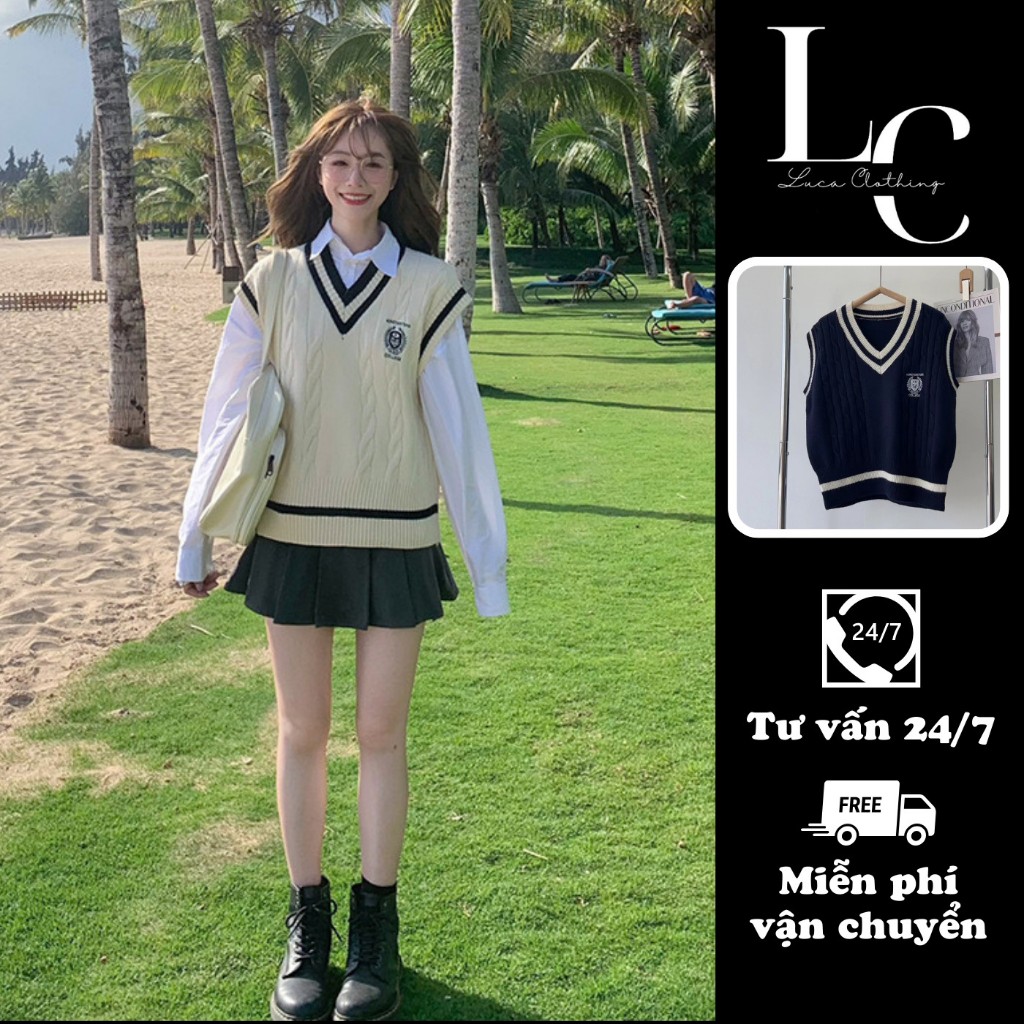 Áo gile nữ sinh Hàn Quốc thêu huy hiệu, Áo gile thừng cổ V chất len dệt mềm mịn