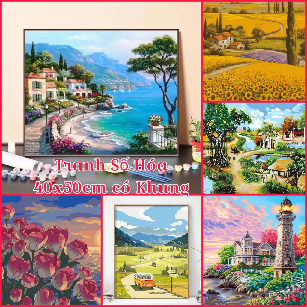 [HCM 40x50cm] Tranh sơn dầu số hóa tự tô DIY khổ 40x50cm khung căng sẵn - TẶNG KÈM SƠN BÓNG, 3 CỌ VẼ