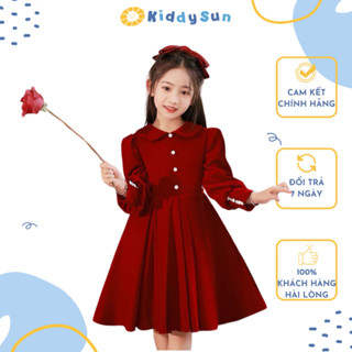 Váy Kiddy Sun công chúa đỏ dài tay chất nhung Hàn cao cấp dành cho bé gái 2,3,4,5,6,7,8,9,10,11,12 tuổi [V582]