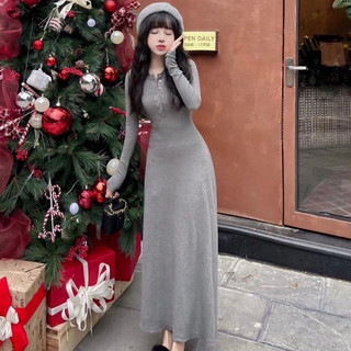 Đầm Body Dài Tay Dáng Dài Cổ Phối Cúc Chất Thun Gân Siêu Hot CC732