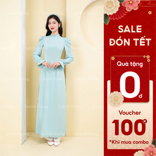 Áo dài truyền thống lụa mỹ xanh mint tay chun đính hạt trai siêu xinh by Quỳnh Hương