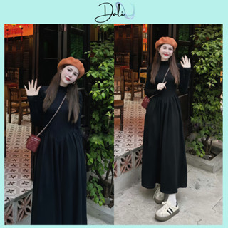 Đầm Maxi Cổ Tròn Dáng Xoè Dài Tay Chất Liệu Thun Gân, Váy Dự Tiệc Sang Chảnh