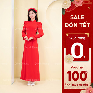 Áo dài truyền thống lụa mỹ đỏ tay chun đính hạt trai siêu xinh by Quỳnh Hương