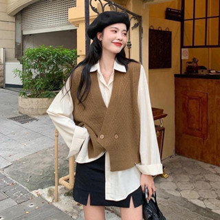 Áo Gile Len Nữ Hàn Quốc, Áo Gile Len (Không kèm áo trong) Phối 2 Khuy Cá Tính Trẻ Trung màu đen nâu be xám - RUBY