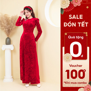 Áo dài nhung nhám tay bồng đính nơ đá màu đỏ by Quỳnh Hương