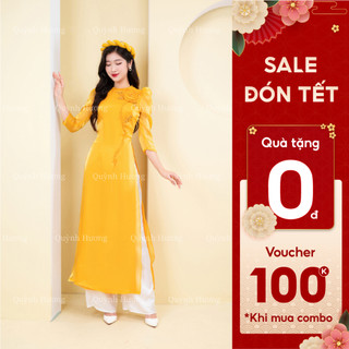 Áo dài voan tơ nhũ vàng cổ tết đính hoa hồng tay lỡ by Quỳnh Hương