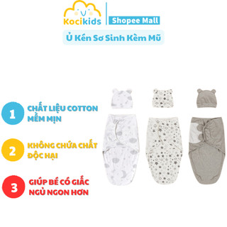 Ủ kén sơ sinh kèm mũ chất cotton cho bé - chăn quấn ủ giúp bé chống giật mình, ngủ ngon giấc