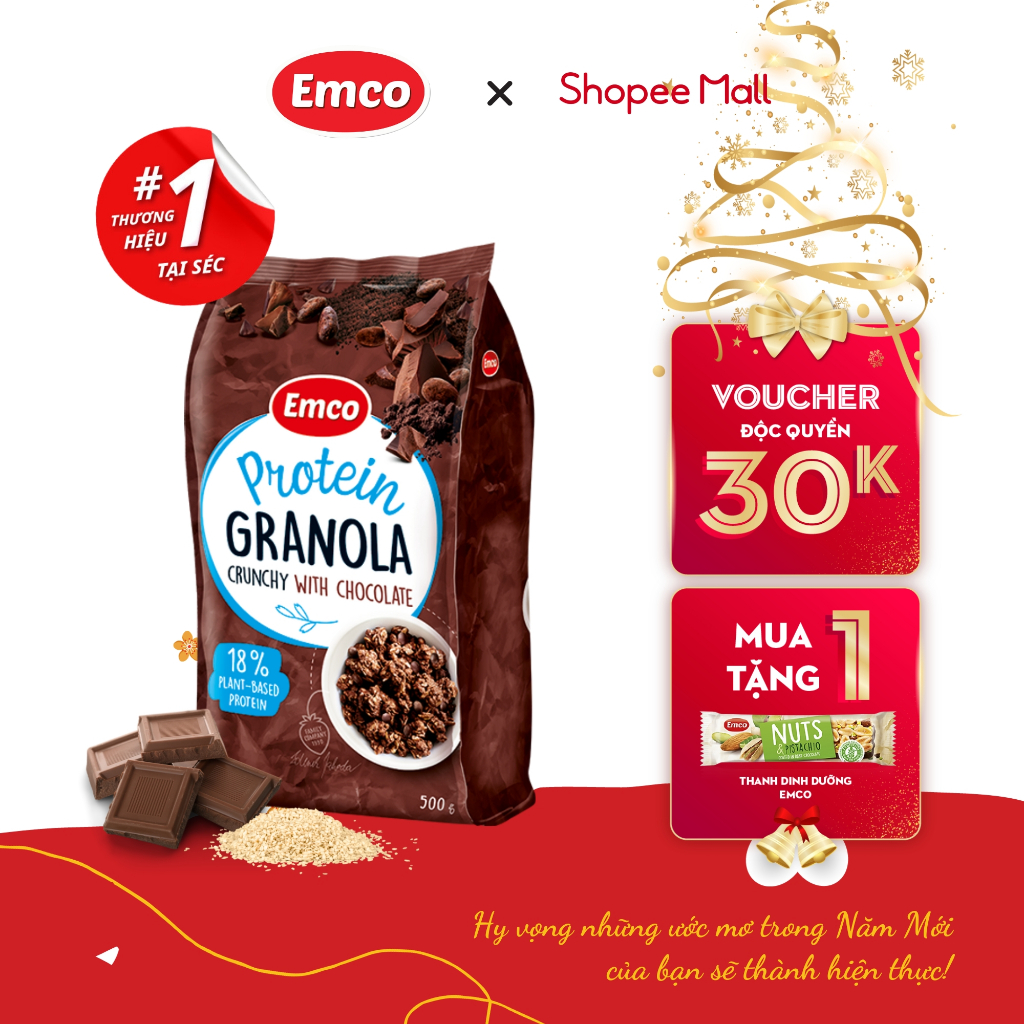 Ngũ Cốc Dinh Dưỡng Emco Granola vị Socola Giòn Siêu Giàu Protein 500g