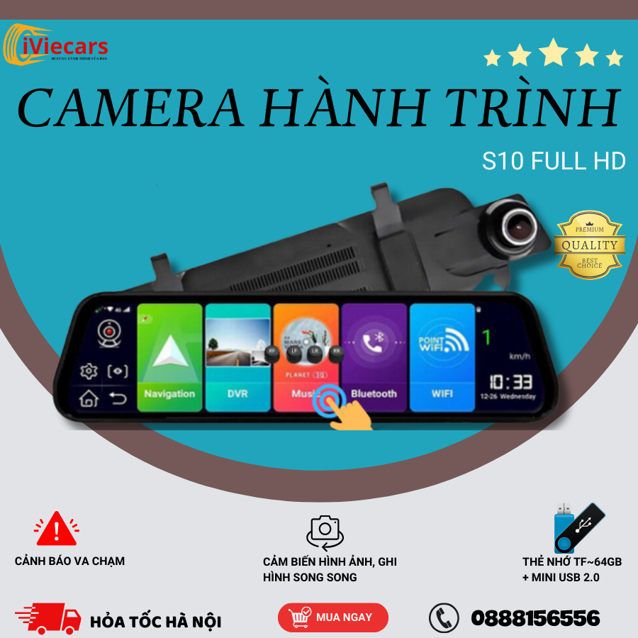 Camera hành trình ô tô S10 Vietmap S2 Full HD Cảm ứng trước sau - Tích Hợp Đầy Đủ Tính Năng Như Điện Thoại Thông Minh