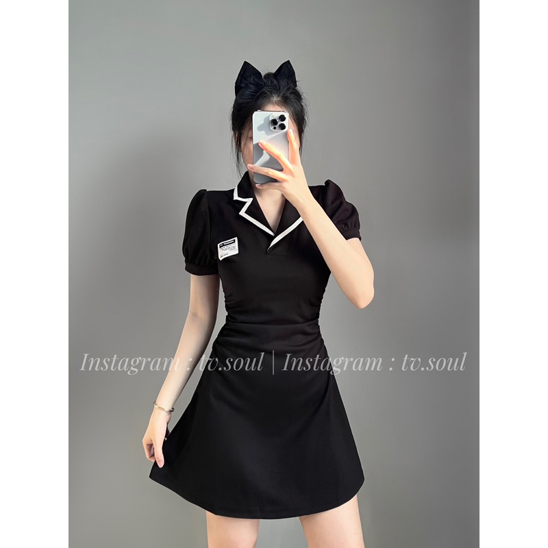 Đầm hồng - đen tay phồng