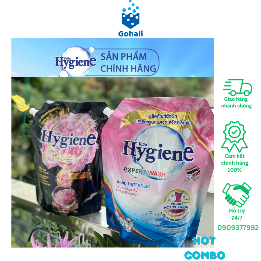 Combo nước giặt xả quần áo đậm đặc Hygiene Thái Lan trắng sạch như mớiu hương lâu trên từng sợi vải giặt 1.8L , xả 1.15L