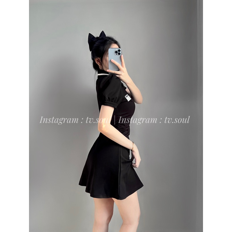 Đầm hồng - đen tay phồng