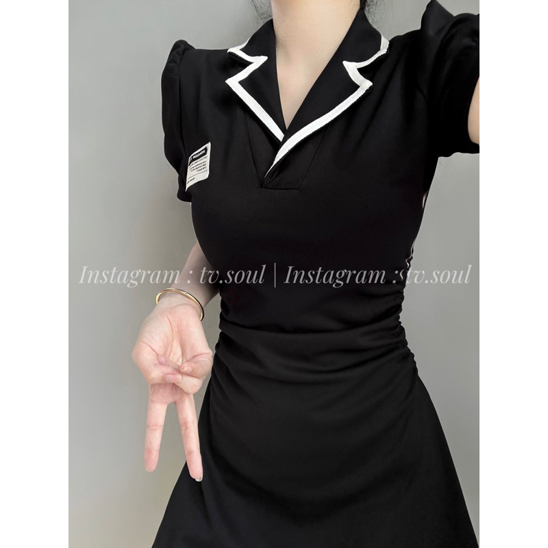 Đầm hồng - đen tay phồng