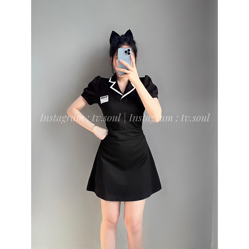 Đầm hồng - đen tay phồng