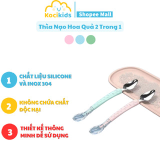  Thìa nạo hoa quả 2 trong 1 Kocikids cho bé tập ăn dặm đầu inox và silicon mềm  kèm hộp đựng vệ sinh  