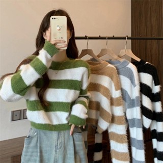 [FreeShip] Áo Sweater dệt kim tay dài cổ tròn kẻ sọc ngang cá tính, Áo Len lông Hàn Quốc dáng rộng cá tính cho nữ O2D26