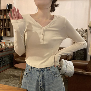 Áo thun body nữ dài tay cổ tim bo eo phối cúc tròn, Áo Croptop kiểu vạt bầu Basic tôn dáng cho nữ O2D25