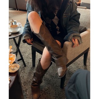 HÀNG LOẠI 1 Giày bốt đùi nữ mũi nhọn cổ cao đính đinh cao gót phong cách cao bồi cá tính