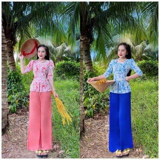 Sét bà ba hoa lá tay lỡ cổ vuông chát vải mango