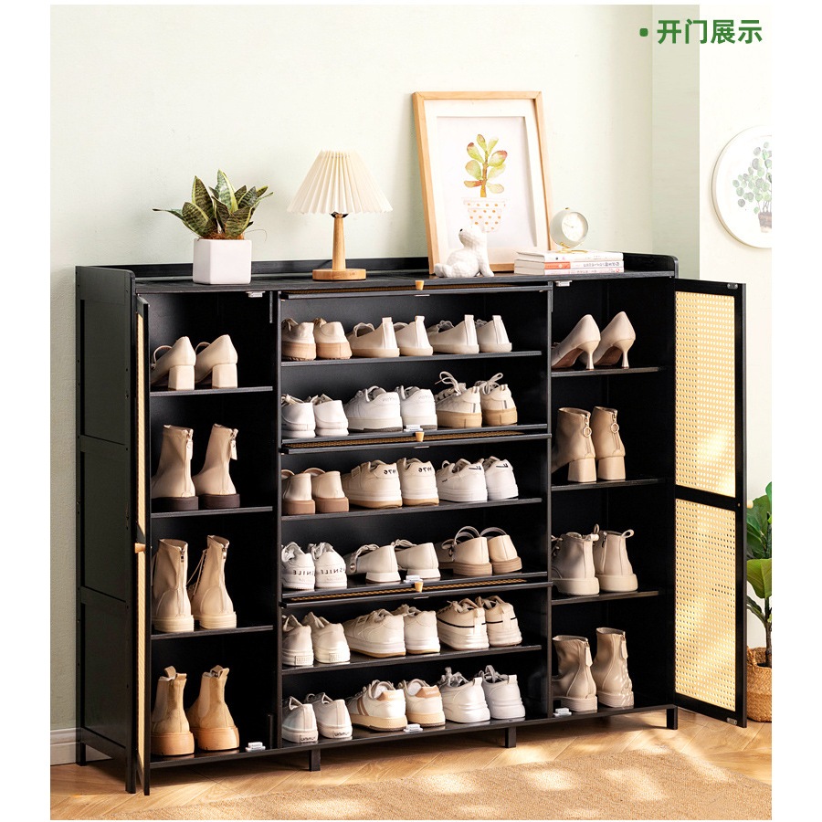 Tủ giày cửa mây tre đan 1m, 1m35 - Tủ giày dép gỗ tre, Kệ để giày dép nhiều ngăn phong cách Vintage decor nhà đẹp