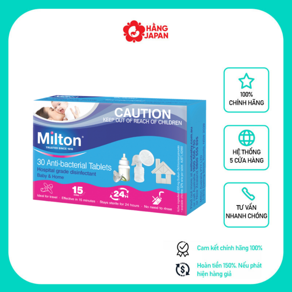 Viên sủi khử trùng bình sữa, núm ty hộp 30 viên Milton Australia